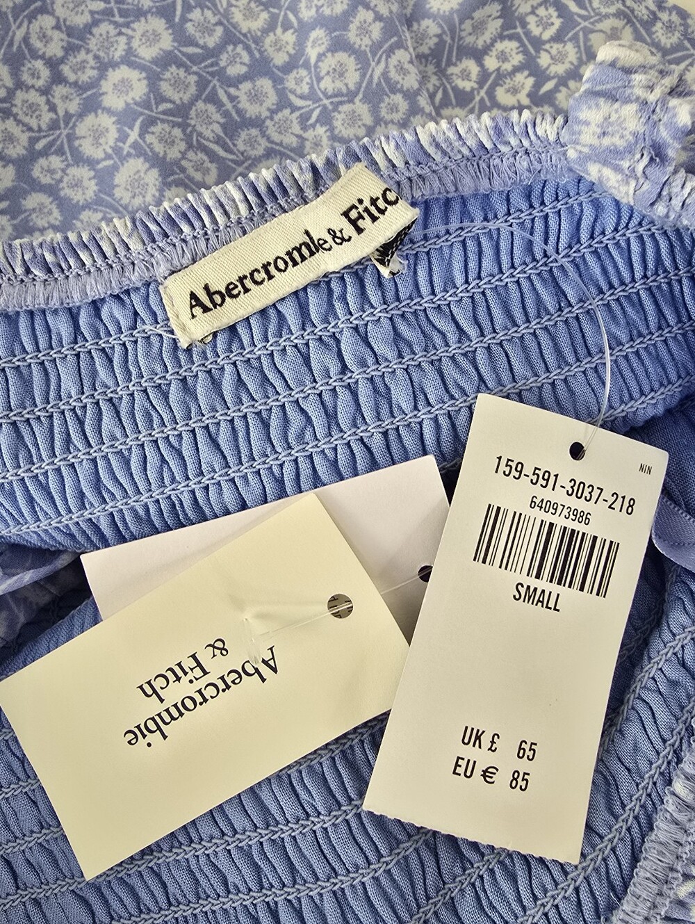 Abercrombie & Fitch Blue Floral Smocked Midi Dress S Side Slit Ruffles Pockets - Picture 16 of 16